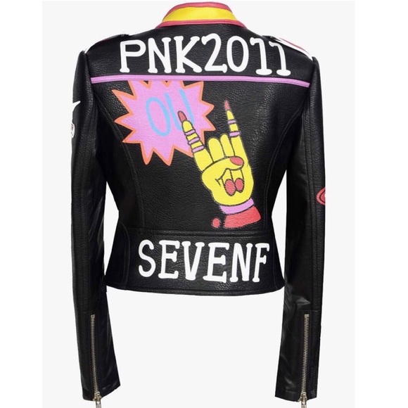 SX Honey Pot Black Faux Vegan Leather Jacket Slipknot Graffiti Punk Moto NWT XS - Picture 3 of 10